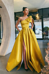 One Shoulder Long A-line Satin Front Slit Prom Dress With Pockets